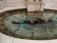 úhor si spokojne pláva v bazéniku s mozajkou