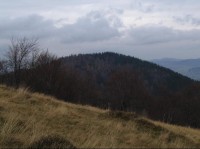 Skalka: Pohled ze sedla mezi Ostrým a Velkou Kykulou (žlutá turistická značka)