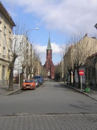 Bohumín - ulice Kostelní, v pozadí kostel Bož. srd. Páně