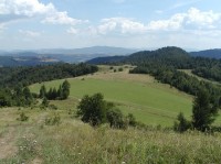 Lačnovské lúky: Pohľad z cesty do sedla pod Magurou na lačnovské lúky, vpravo v pozadí Branisko, uprostred Čierna hora