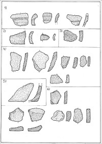 ukázky hradištní keramiky; 1) okraje, 2) hrdla, 3)plece, 4) tělo, 5) podstava, 6) dna