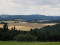 Koníkovské vrchy: Pohled z Kamenice (780 m.n.m), v pozadí rozhledna Horní les u Rovečného...