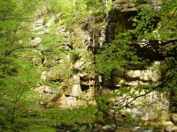 Wodospad Szklarki - stěny soutěsky pod vodopádem (květen 2014)
