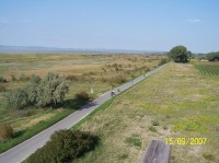 Neziderské jezero: Jezero a cyklostezka z rozhledny u Podersdorfu.  Fotografoval kolega J. Hruška.