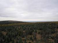 Panoramatický výhled na sever: Vlevo Lesenská pláň, úplně vlevo pak její výběžek Eduardova skála, dále pak hřebeny Krušných hor v Německu.